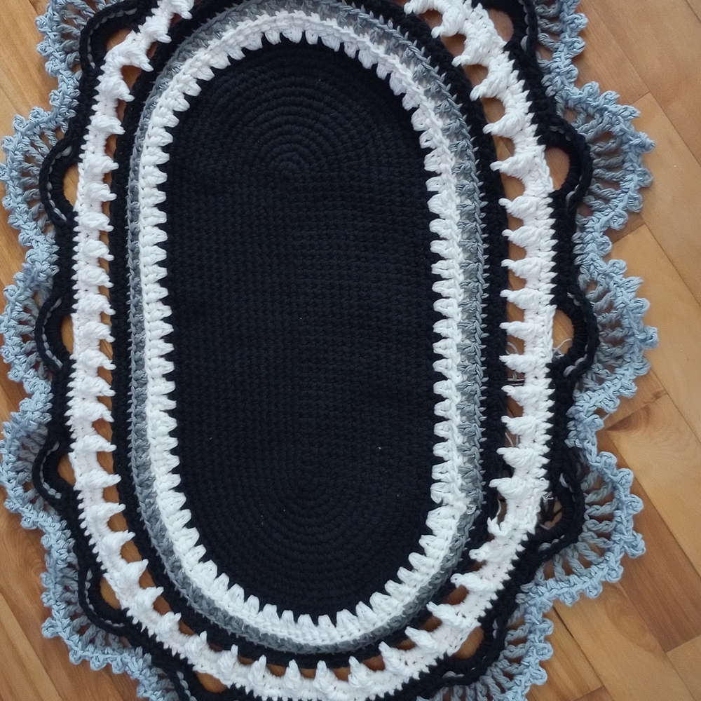 Handmade Oval Crochet Rug in Black, White, and Gray